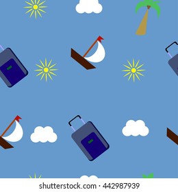 Tourism and recreation with boats, suitcases, sun and cloud. Seamless pattern. In random order.