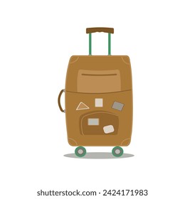 Tourism, recreation. Suitcase with handle, wheels and retractable handle for travel and business trips. Traveler, tourist luggage. Flat vector illustration on white isolated background.
