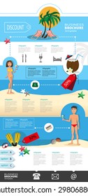 Tourism, recreation, travel infographic template brochure with a young couple and abstract icons. Travel Agency, hotel services, resorts concept. Creative flat illustration  for web design and flyers