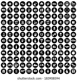 Tourism, Recreation & Vacation, 144 icons set. Sport, Travel with reflection, vector illustration on black buttons