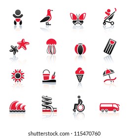Tourism, Recreation & Vacation, icons set. Sport, Travel with reflection