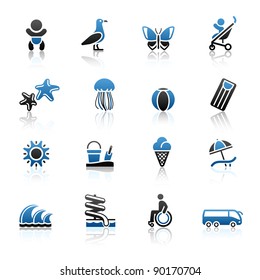 Tourism, Recreation & Vacation, icons set. Sport, Travel with reflection