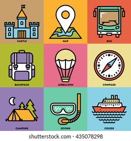 Tourism Retro Icon Set. Line Design Vector Illustrations.
