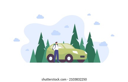Tourism and road trip concept. Vector flat people illustration. Male tourist with backpack standing near car on abstract forest background. Design for nature park trekking journey.
