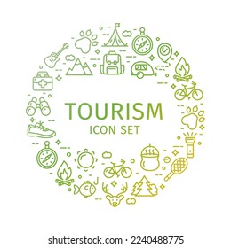 Tourism Round Design Template Thin Line Icon Sign Concept for Promotion, Marketing and Advertising. Vector illustration