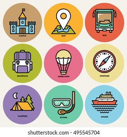 Tourism Round Icon Set. Line Design Vector Illustrations.