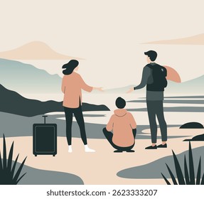 Tourism scene in a flat vector style. A group of young people came to relax on the shore of the lake. Illustration in pastel colors