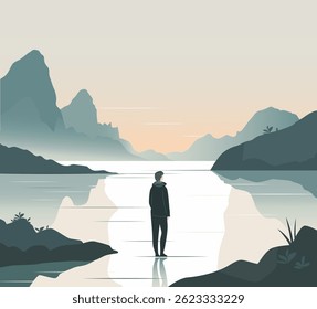 Touristische Szene im flachen Vektorstil. Ein junger Mann kam, um sich am Ufer des Sees zu entspannen. Illustration in Pastellfarben