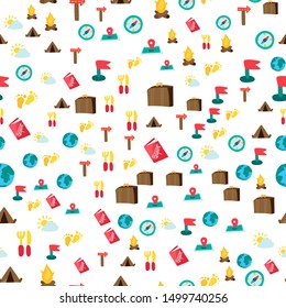 Tourism seamless color flat pattern. Trip, tourism. Vacation travel. Hiking camping background