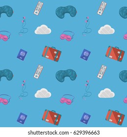 Tourism seamless pattern. Holiday vacation vector elements. Flat trip style icons illustration.Transport and different equipment for travel background.