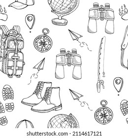 Tourism seamless pattern on white background. Sketch of adventure. Hand-drawn vector stock illustration.