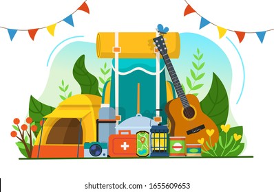 Tourism set for camping. Backpack, tent, guitar, flashlight, phone with a map, first-aid kit, bowler hat, thermos, camera, canned food.Concept for traveling. Flat vector illustration.