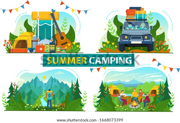 Tourism set for camping. Family traveling\
in a car with a lot of suitcases.A backpacker standing on the top\
of a mountain enjoying river view. Forest landscape with tourists\
around the\
campfire.Flat