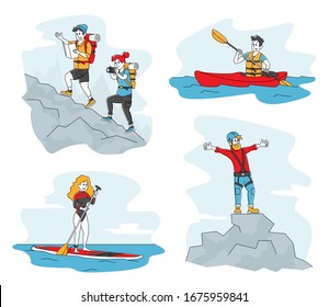 Tourism Set, Male and Female Characters Climbing in Mountains. Kayaking, Sup Board Water Sport Recreation, Outdoor Alpinism and Hiking Activity. Active People Outdoors Fun. Linear Vector Illustration