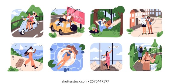 Tourism set. People travel with luggage. Tourists relax, sunbathing at swimming pool, walk, hike at sea resort. Couple at journey in vacation. Flat isolated vector illustrations on white background