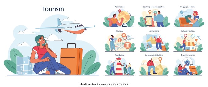 Tourism set. People traveling the world seeing attractions and cultural heritage. Traveler booking a hotel and packing a baggage. Active lifestyle. Flat vector illustration