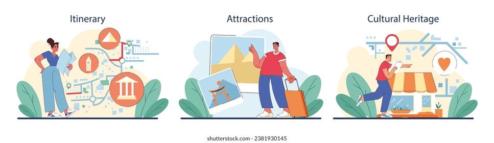 Tourism set. People traveling the world seeing attractions and cultural heritage. Traveler booking a hotel and packing a baggage. Active lifestyle. Flat vector illustration