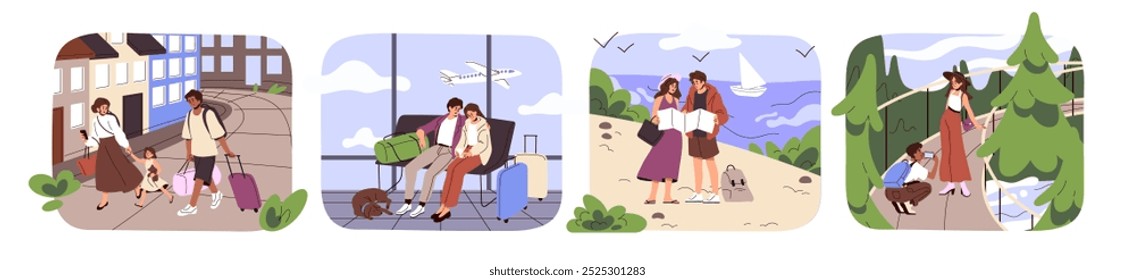 Conjunto de turismo. Los turistas navegan con el mapa en el viaje. Pareja esperando en el aeropuerto. La familia viaja junta. Personas de turismo, tomar fotos en el tour. Ilustraciones vectoriales aisladas planas sobre fondo blanco