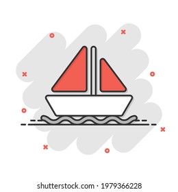 Tourism ship icon in comic style. Fishing boat cartoon vector illustration on white isolated background. Tanker destination splash effect business concept.