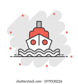 Tourism ship icon in comic style. Fishing boat cartoon vector illustration on white isolated background. Tanker destination splash effect business concept.