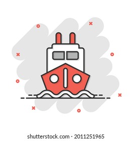 Tourism ship icon in comic style. Fishing boat cartoon vector illustration on white isolated background. Tanker destination splash effect business concept.