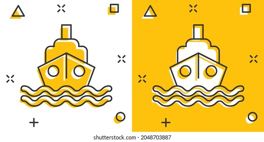 Icono del barco de turismo en estilo cómico. Dibujo vectorial de la caricatura de barcos pesqueros sobre fondo blanco aislado. Concepto de negocio del efecto de salpicadura de destino del tanque.