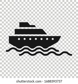 Tourism ship icon in flat style. Fishing boat vector illustration on white isolated background. Tanker destination business concept.