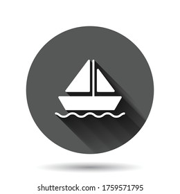Tourism ship icon in flat style. Fishing boat vector illustration on black round background with long shadow effect. Tanker destination circle button business concept.