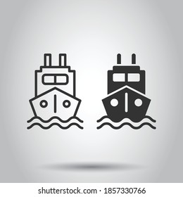 Tourism ship icon in flat style. Fishing boat vector illustration on white isolated background. Tanker destination business concept.