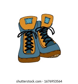 Tourism shoe icon. Shoes for a tourist, athlete, fisherman. doodle style. Use for postcard, poster, banner, web design and print on a t-shirt. Easy to edit. Vector illustration