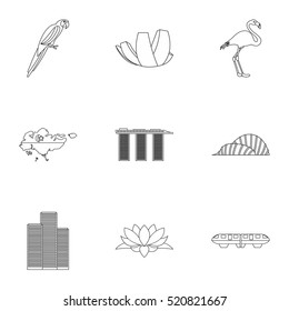 Tourism in Singapore icons set. Outline illustration of 9 tourism in Singapore vector icons for web