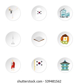 Tourism in South Korea icons set. Flat illustration of 9 tourism in South Korea vector icons for web