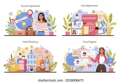 Tourism specialist concept set. Travel agent selling tour, cruise, airway or railway tickets. Vacation organization agency, hotel booking and visa application. Flat vector illustration