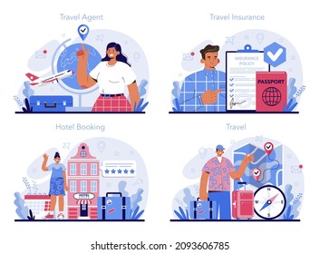 Tourism specialist concept set. Travel agent selling tour, cruise, airway or railway tickets. Vacation organization agency, hotel booking and travel insurance registration. Flat vector illustration