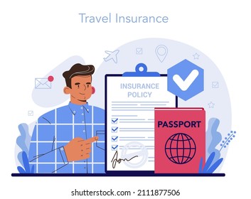 Tourism specialist concept. Travel agent selling tour, cruise, airway or railway tickets. Vacation organization agency, hotel booking and travel insurance registration. Flat vector illustration