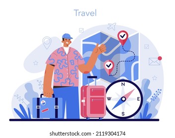 Tourism specialist concept. Travel agent selling tour, cruise, airway or railway tickets. Vacation organization agency, hotel booking and travel insurance registration. Flat vector illustration