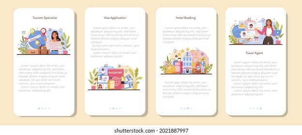 Tourism specialist mobile application banner set. Travel agent selling tour, cruise, airway or railway tickets. Hotel booking and visa application. Flat vector illustration