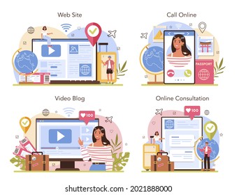 Tourism specialist online service or platform set. Travel agent selling tour. Hotel booking and visa application. Online consultation, video blog, call, website. Flat vector illustration