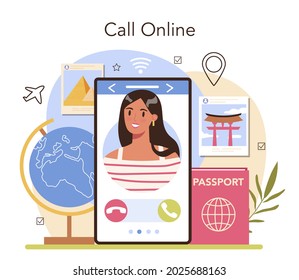 Tourism specialist online service or platform. Travel agent selling tour. Hotel booking and visa application. Online call. Flat vector illustration