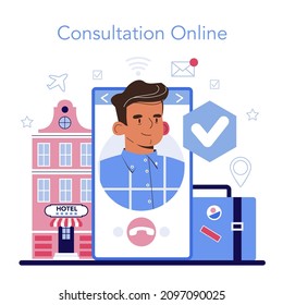 Tourism specialist online service or platform. Travel agent selling tours. Vacation organization agency, hotel booking and travel insurance registration. Online consultation. Flat vector illustration