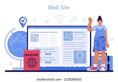 Tourism Specialist Online Service Or Platform. Travel Agent Selling Tours. Vacation Organization Agency, Hotel Booking And Travel Insurance Registration. Website. Flat Vector Illustration