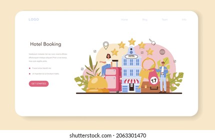 Tourism specialist web banner or landing page. Travel agent selling tour, cruise, airway or railway tickets. Hotel booking and visa application. Flat vector illustration