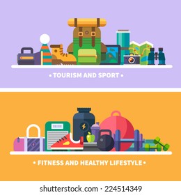 Tourism, sports, fitness and a healthy lifestyle. Inventory and equipment: backpack, boots, map, flashlight, binoculars, thermos, shoes, bar, dumbbell, ball, sports nutrition. Vector flat illustration