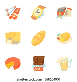 Tourism in Switzerland icons set. Cartoon illustration of 9 tourism in Switzerland vector icons for web