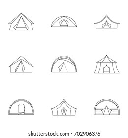 Tourism tent icon set. Outline set of 9 tourism tent vector icons for web isolated on white background