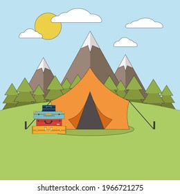 Tourism. Tent with suitcases on nature.Vector illustration