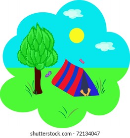 Tourism, tent under a tree and the sleeping person