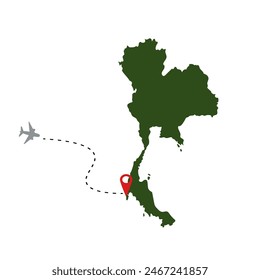 Tourism to Thailand, South East Asia travel destination. Hand drawn map, airplane, path, vacation. Silhouette, geography. Vector isolated on white background 