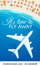 Tourism theme poster. White airplane flying over the sea to the tropical resort, top view. Design template for brochures/advertising/banners/flyers and so. Vector illustration, eps10.