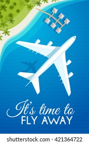 Tourism theme poster. White airplane flying over the sea to the tropical resort, top view. Design template for brochures/advertising/banners/flyers and so. Vector illustration, eps10.